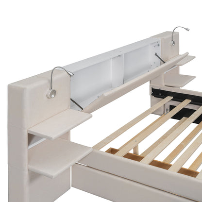Upholstered Platform Bed With Reading Lights, Drawers, Trundle And Shelves
