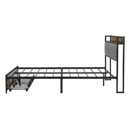Modern Bed Frame With LED Lights, Upholstered Headboard, USB Charging