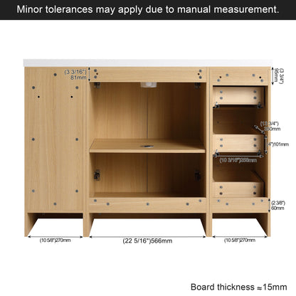 Freestanding Bathroom Vanity Set With Tall Side Cabinet, 3 Drawers And 3 Door Cabinet, Integrated Sink, Large Storage - Glossy White / Light Oak
