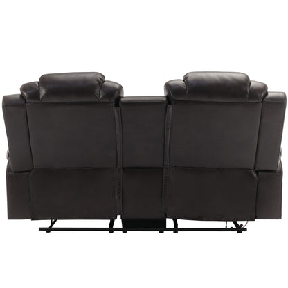 3 Pieces Recliner Sofa Sets Home Theater Seating Manual Recliner Chair & Center Console And LED Light Strip For Living Room - Brown
