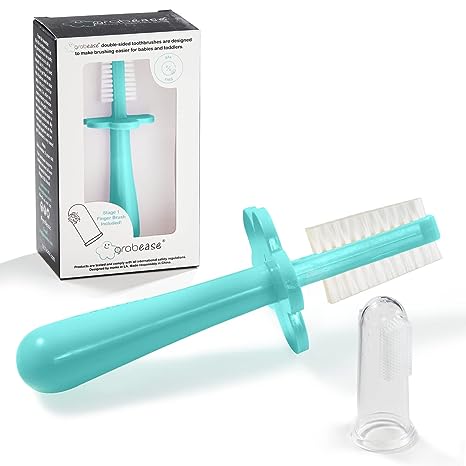 Grabease Double-Sided Toothbrush for Babies and Toddlers With Free Silicone Baby Finger Brush, Teal