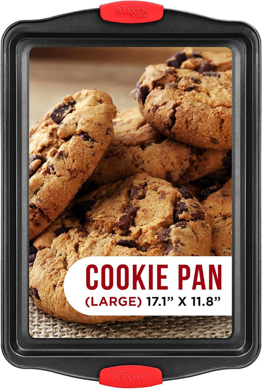 Nonstick Cookie Sheet Pan Carbon Steel Oven Tray Sheet Pan with Red Silicone Handles -large Bakeware Pan Tray with Gray Coating Inside & Outside