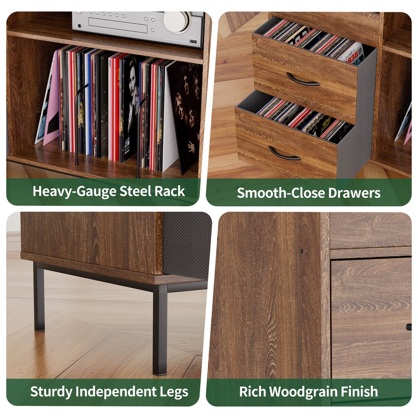 Grain Record Player Stand, Media Console With Speaker Shelf & 2 Drawers