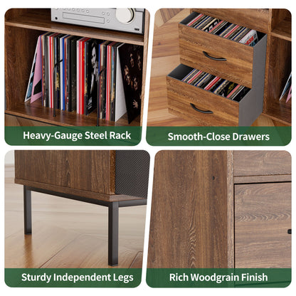 Grain Record Player Stand, Media Console With Speaker Shelf & 2 Drawers