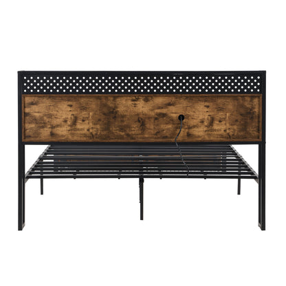 Modern Metal Platform Bed Frame With Wooden Headboard, USB Charging Station, Storage Drawers