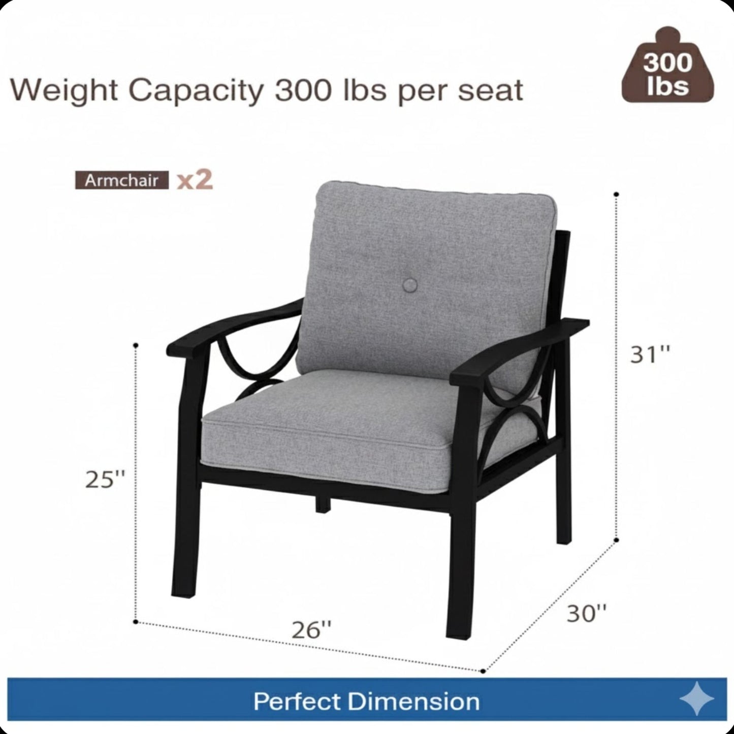 All-Weather Armchairs With Cushions, Modern Sculptural Design (Set of 2)