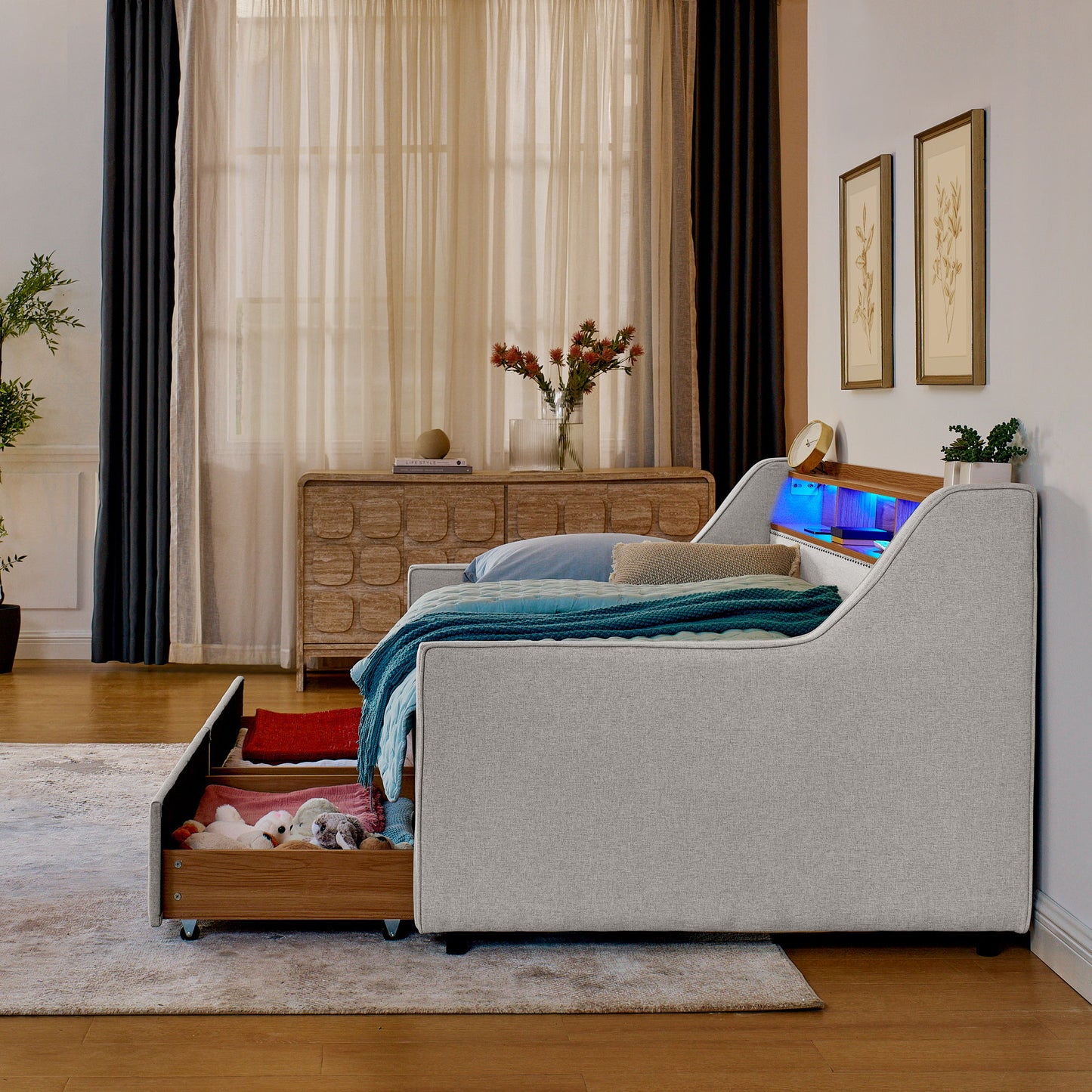 Upholstered Sofa Bed With LED Lights, Storage Headboard, Foldable Trundle & Wireless Charging