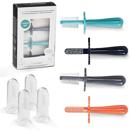 Grabease Double-Sided Toothbrush for Babies and Toddlers With Free Silicone Baby Finger Brush, 4 Pack (Navy, Gray, Orange, Teal)