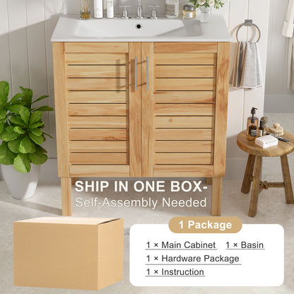 Bathroom Vanity With Ceramic Sink, Freestanding Cabinet - Antique Natural / Brown