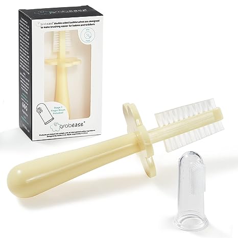 Grabease Double-Sided Toothbrush for Babies and Toddlers With Free Silicone Baby Finger Brush, Yellow