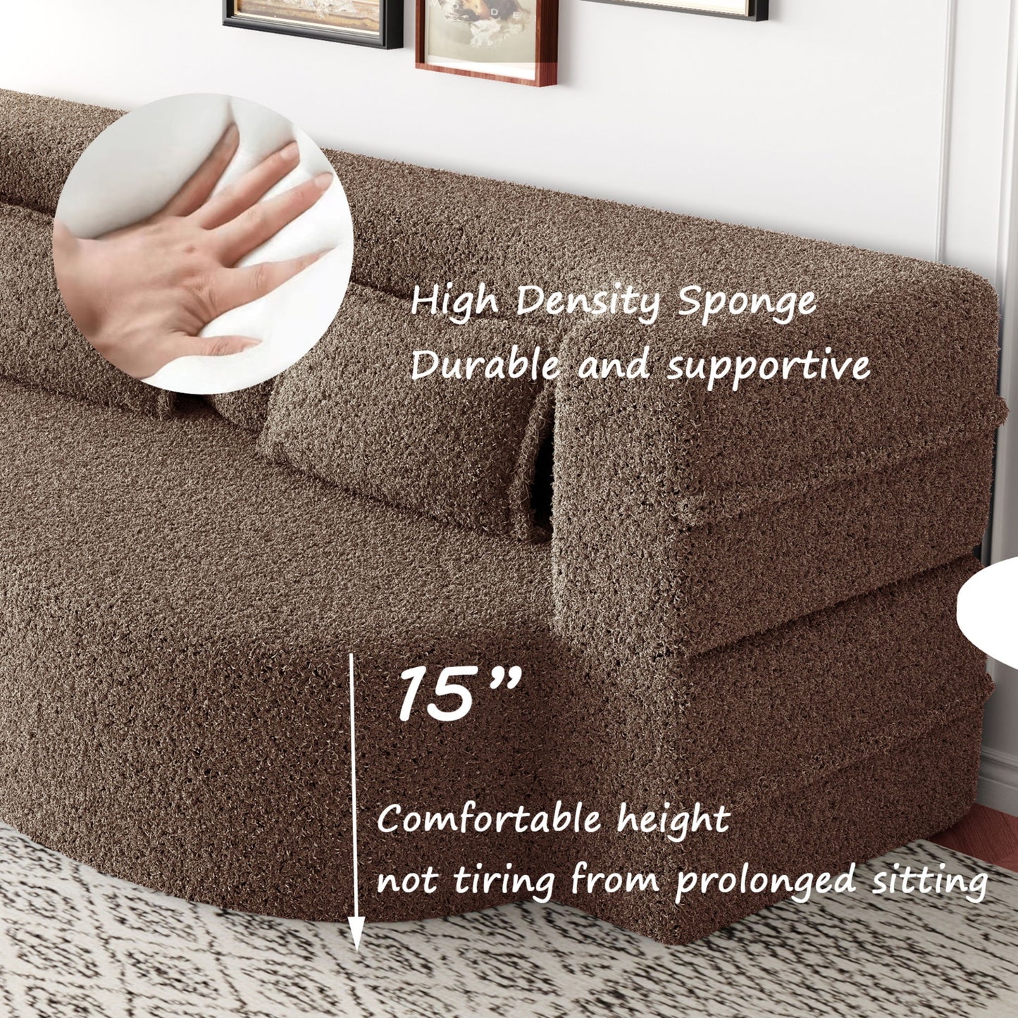 Modern Floor Sofa, With 2 Pillows, Convertible Teddy Fabric Foam Filled Bed