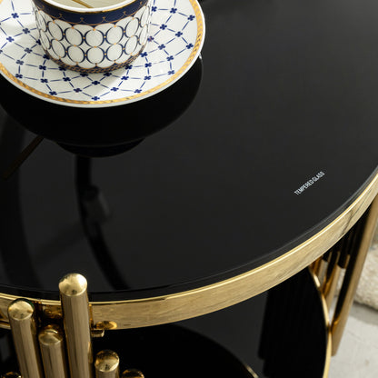 Elegant Round Table With Double Layer Tempered Glass Top And Stainless Steel Frame For Living Room