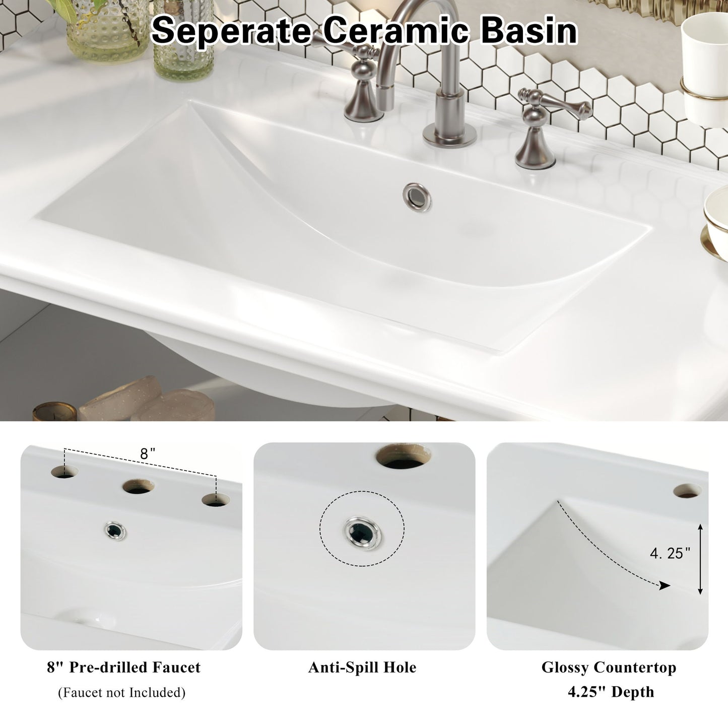 Bathroom Vanity With Ceramic Sink, Adjustable & Open Shelf