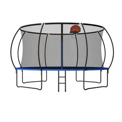 Pumpkin 14 Ft Outdoor Trampoline With Basketball Hoop Enclosure Net Ladder And Metal - Black / Blue