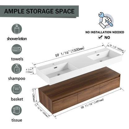 Contemporary Wall Mounted Bathroom Vanity With Dual Resin Sink And Soft Close Drawer