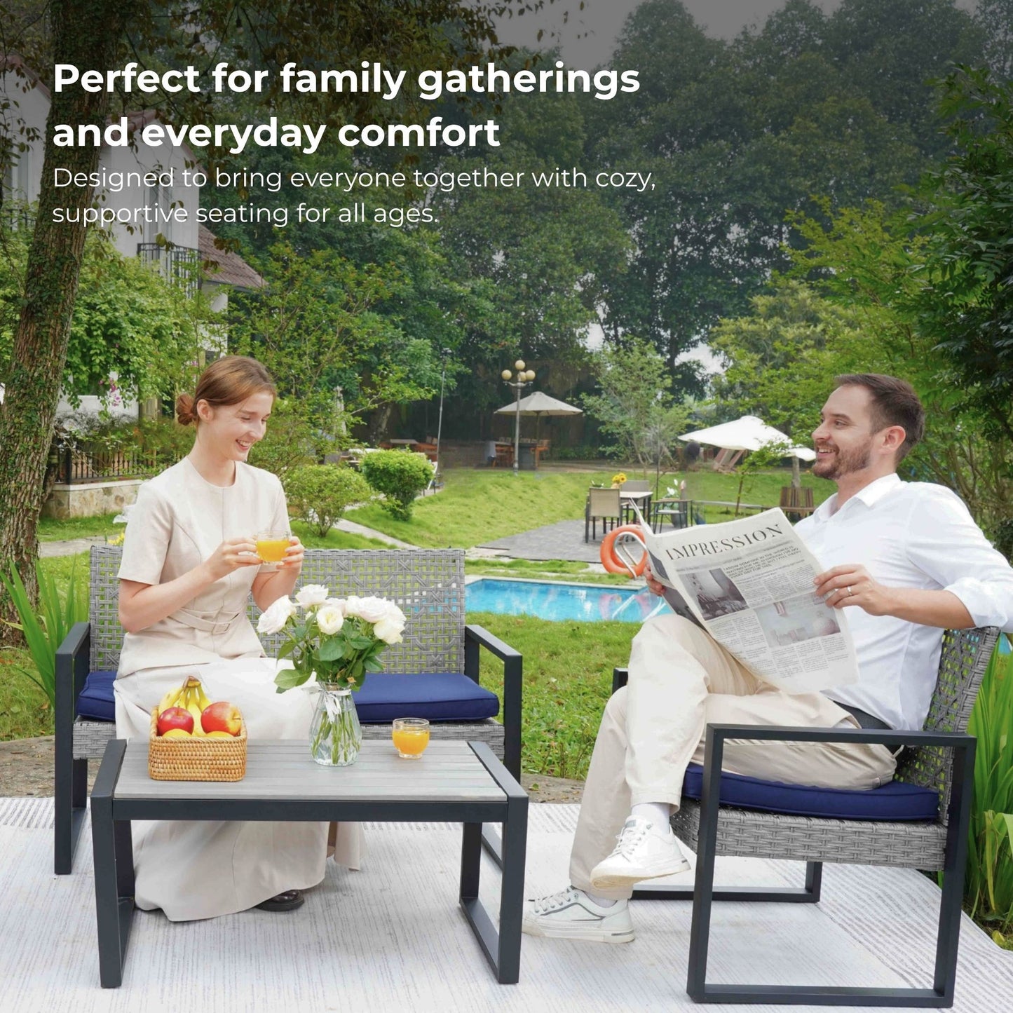 4 Piece Patio Furniture Set With Acacia Wood Table Top And Cushions