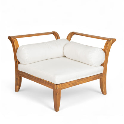 6 Piece Patio Sofa Set, Acacia Wood Outdoor Modular Sectional Garden Furniture Set L Shaped Conversation Set, Convertible Daybed With Tea Table, Ottoman, 5 Cushions And Pillows - Teak / Beige