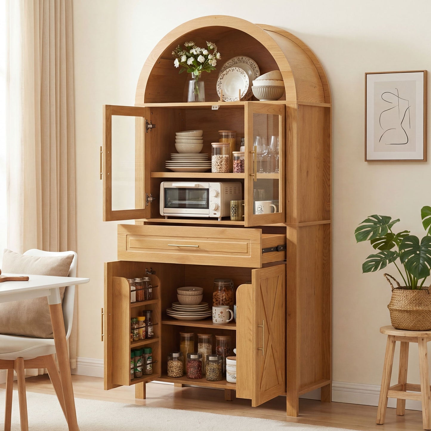 Arched Kitchen Pantry Cabinet With Adjustable Shelves And Barn Door Design