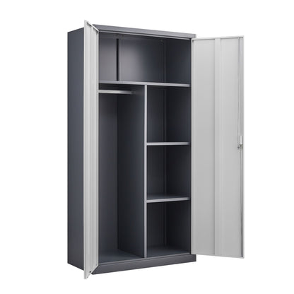 Wardrobe With Hanging Rod And Compartments, Lockable Closet With Locks & Keys For Bedroom - Gray