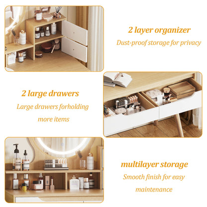 Elegant Makeup Vanity Desk With Adjustable Lighted Mirror Table Feet - American White Oak