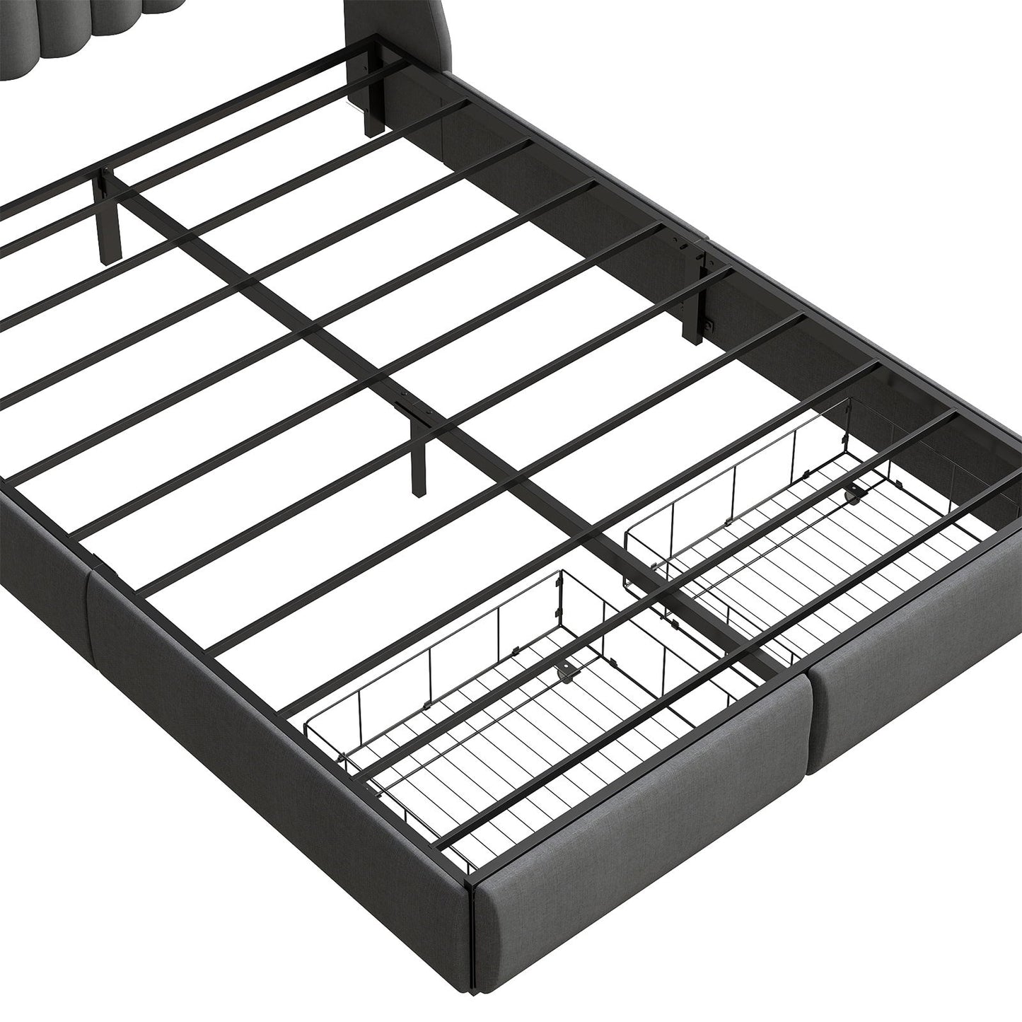 Upholstered Platform Bed Frame With RGB LED Lights, Charging Station & 2 Underbed Drawers