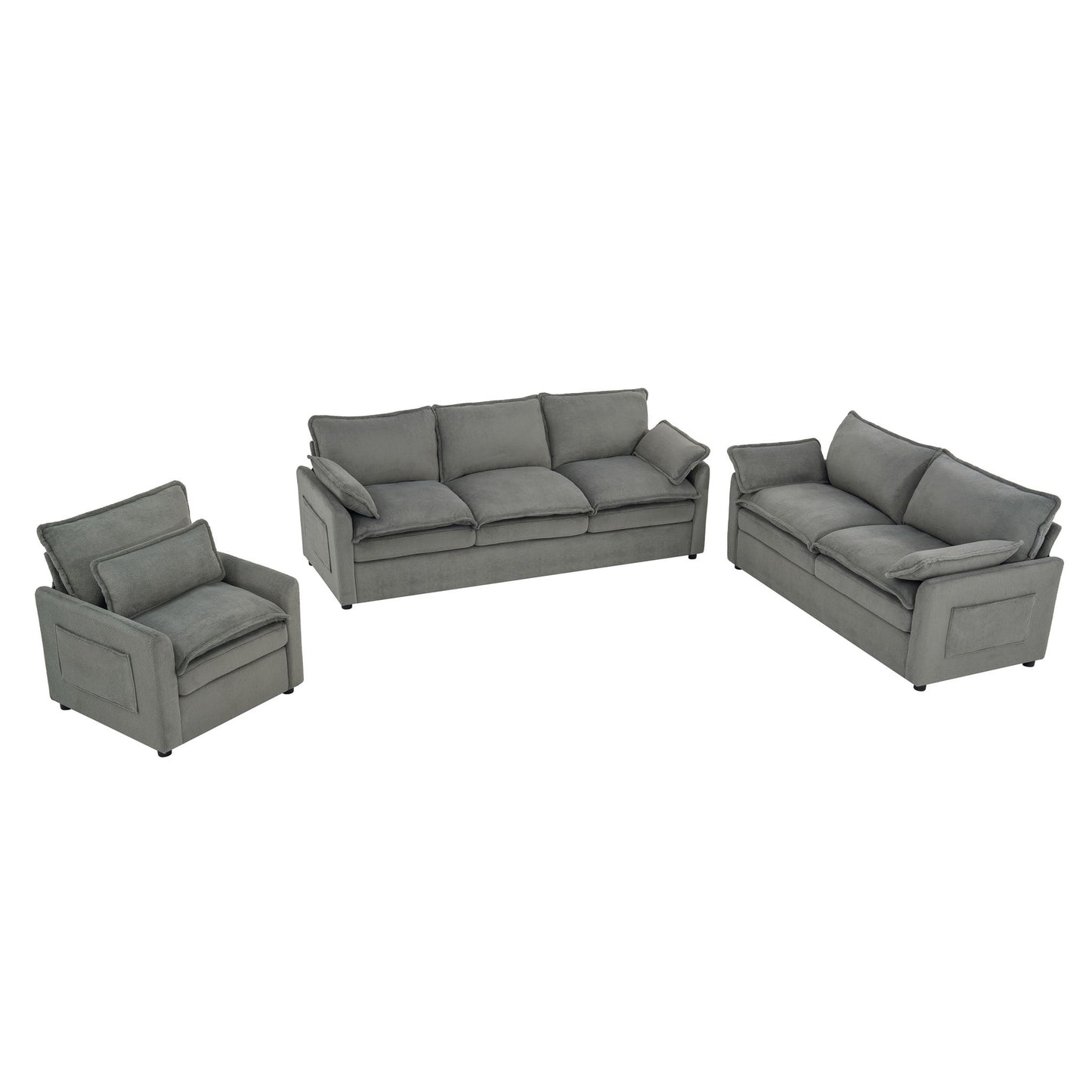Modern Sofa Set With Double Layer Cushion And Side Storage Pockets