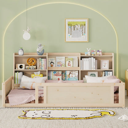 Platform Floor Bed With Guardrail Fence And Side Storage Shelves