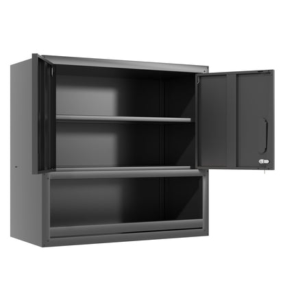 Wall-Mounted Storage Cabinet With Locking Door, 1 Shelf And Open Drawer - Black