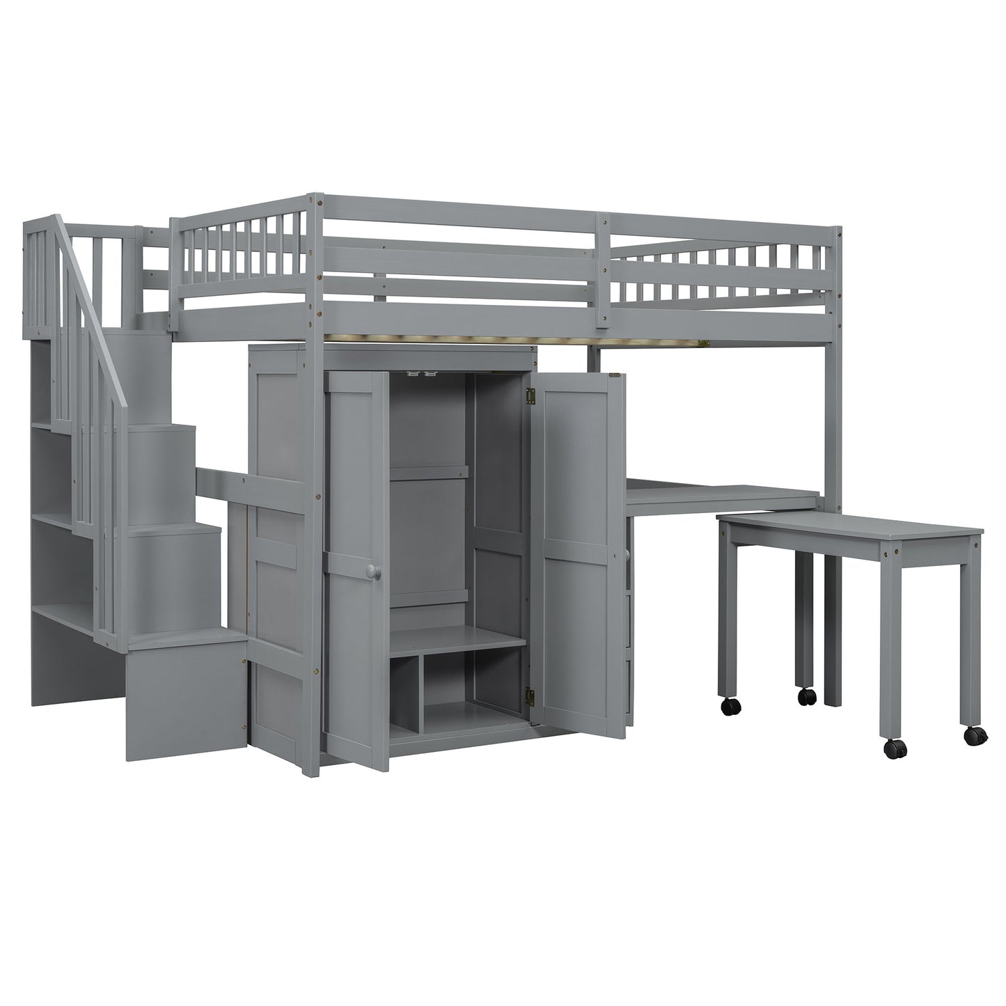 Loft Bed With Stairs, Bookshelf, Drawers, Desk & Wardrobe, Space Saving Multifunctional Furniture