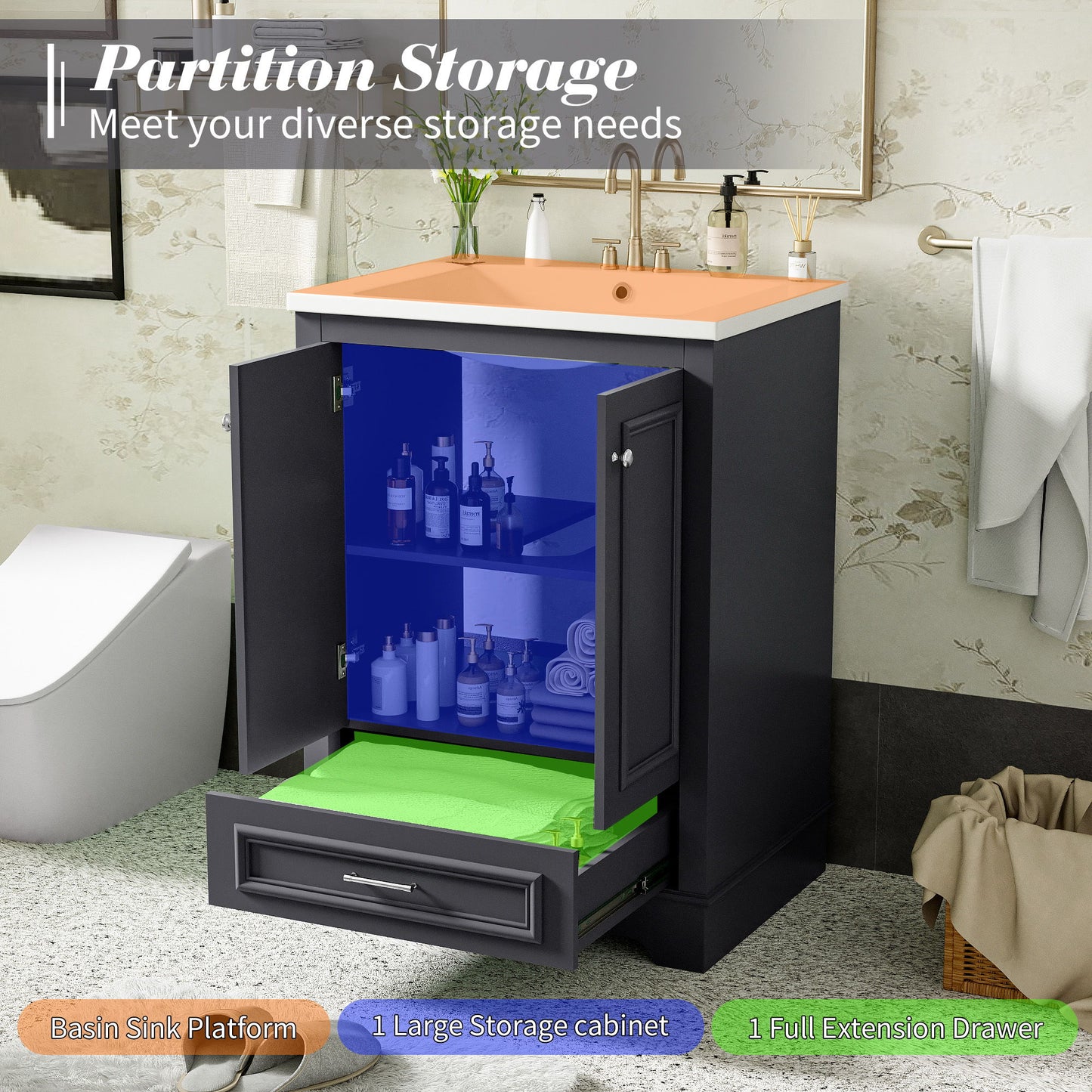 Bathroom Vanity With Ceramic Sink Combo, Modern Freestanding Storage Cabinet With Silver Handles