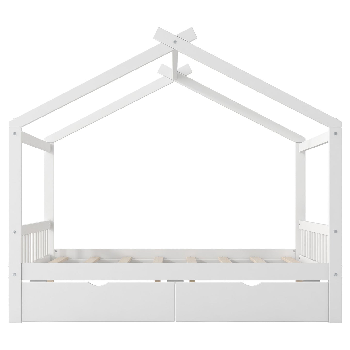 House Style Platform Bed With Headboard, Footboard, 2 Drawers, And Roof Design