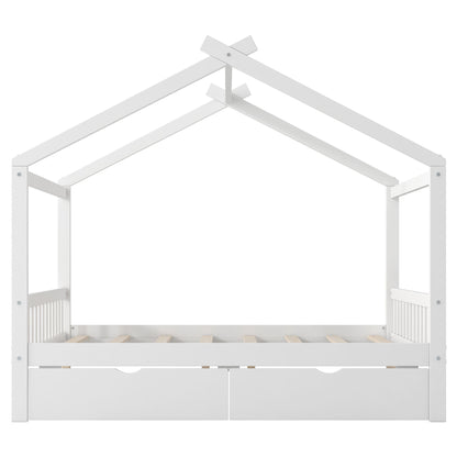 House Style Platform Bed With Headboard, Footboard, 2 Drawers, And Roof Design