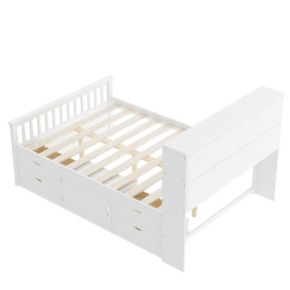 Captain Platform Bed Frame With Bookcase Headboard, 4 Drawers, Storage Shelves
