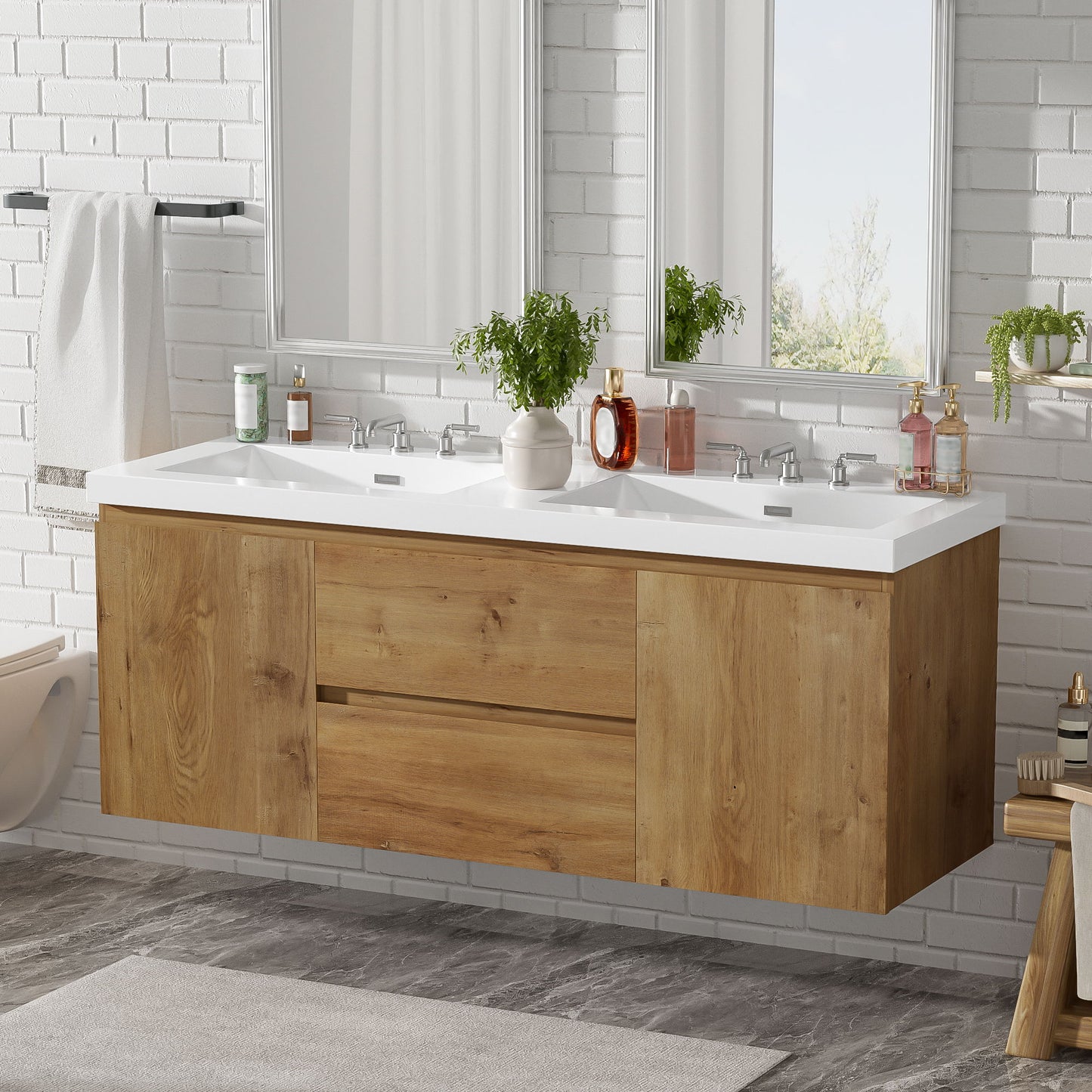 Double Sink Bathroom Vanity, Cabinet & Soft Close Doors, Divided Drawers, Wall Mounted Storage - Wood