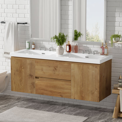 Double Sink Bathroom Vanity, Cabinet & Soft Close Doors, Divided Drawers, Wall Mounted Storage - Wood