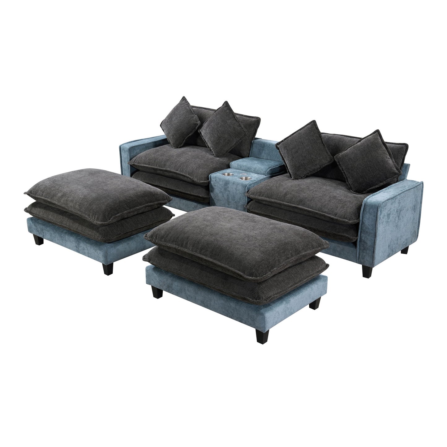 Sectional Sofa With Removable Ottomans, USB Ports, Cup Holders & Storage - Gray / Light Blue