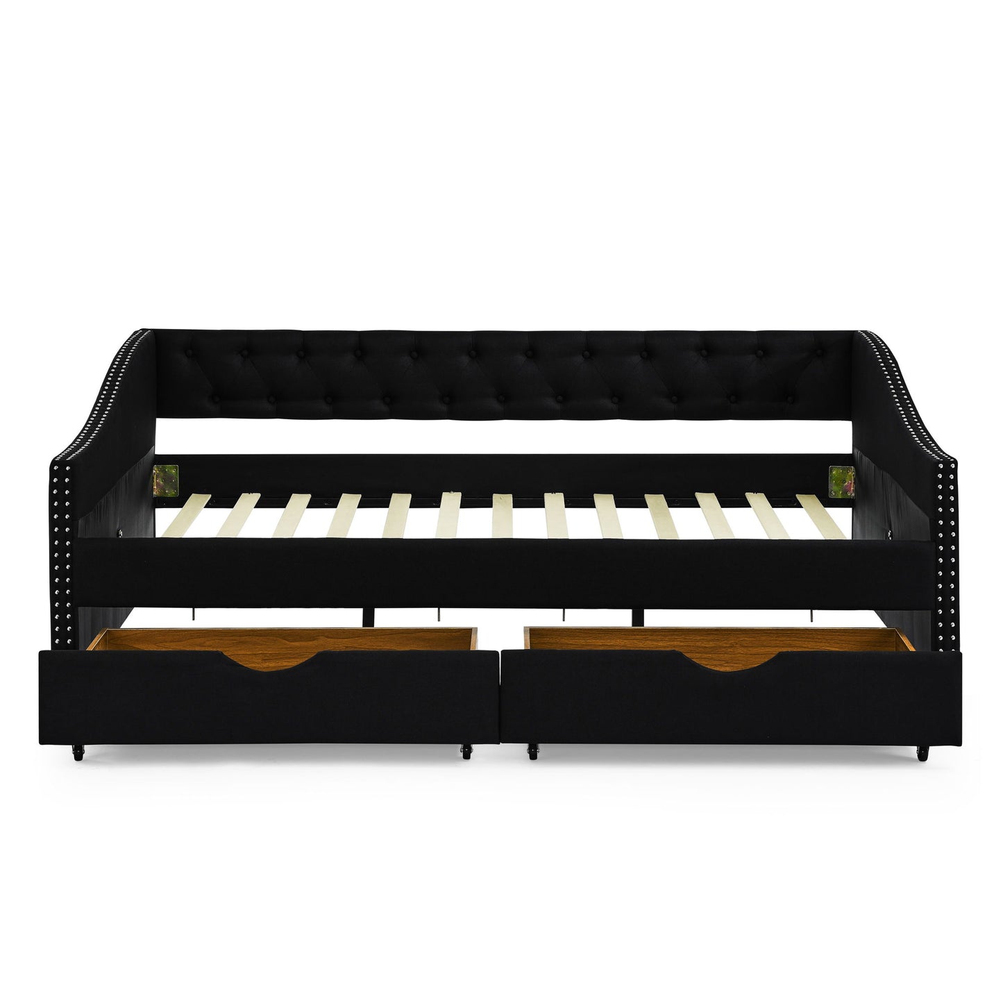 Upholstered Tufted Daybed With 2 Drawers, Waved Arms