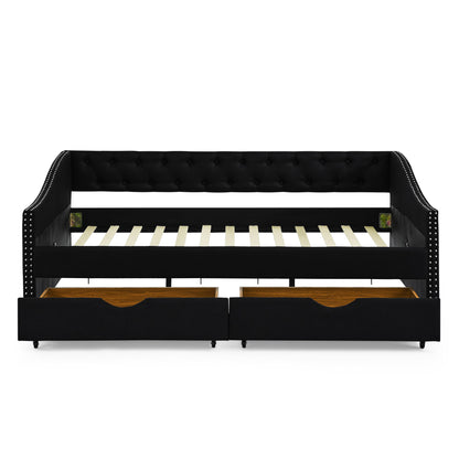Upholstered Tufted Daybed With 2 Drawers, Waved Arms
