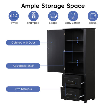 Tall Freestanding Bathroom Storage Cabinet With 2 Drawers And Adjustable Shelf