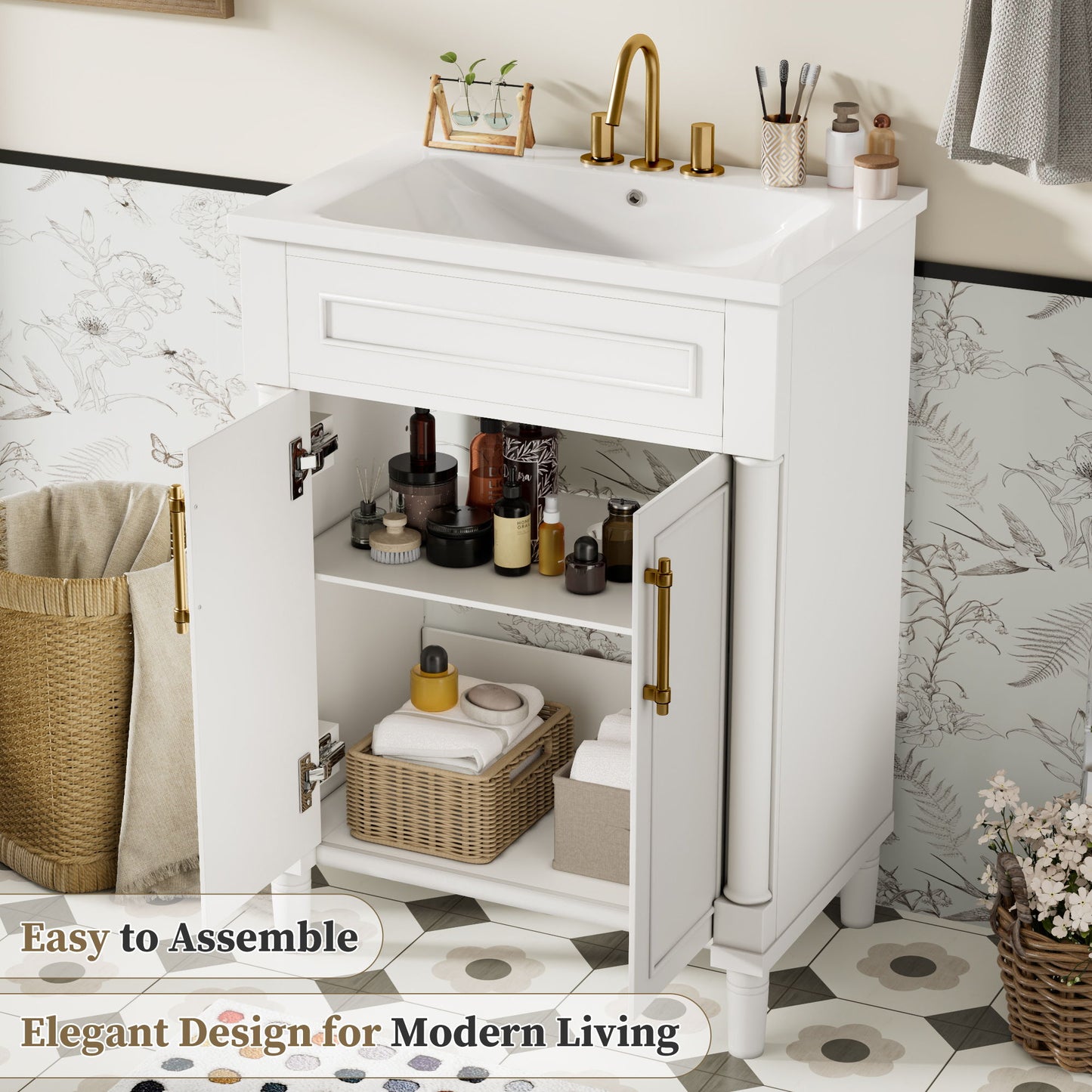 Bathroom Vanity With Integrated Sink, 2 Door Cabinet, Single Sink For Small To Medium Bathrooms