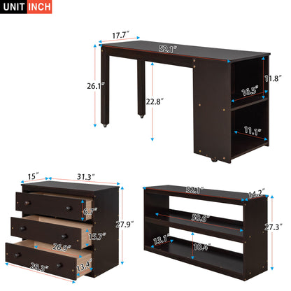Loft Low Study Bed With Cabinet, Shelves And Rolling Portable Desk, Multiple Functions