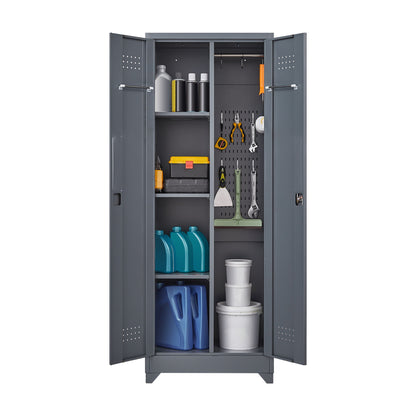 Heavy Duty Storage Cabinet With Locking Doors, Hanging Rod & Shelves, Broom Closet - Gray