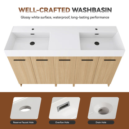 Double Sink Bathroom Vanity Set With Tall Linen Cabinet, Extra Large Storage, Integrated Sink, Freestanding Cabinet - Light Oak / White
