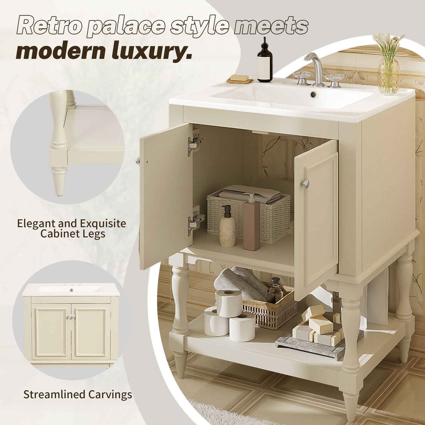 Modern Bathroom Vanity With Sink, Rectangular Cabinet With Open Shelf And Closed Storage