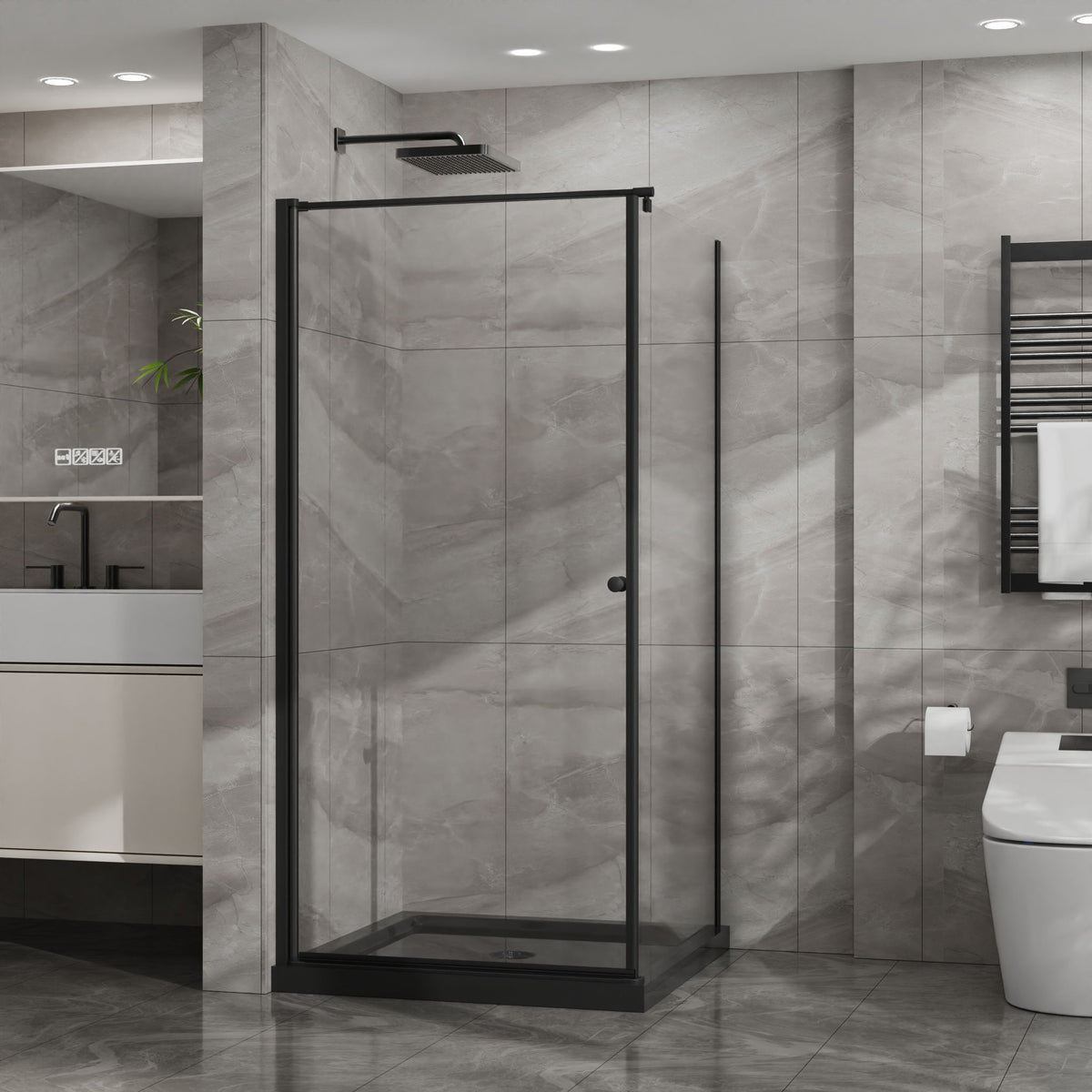 Corner Shower Enclosure, Frameless Pivot Door - Black