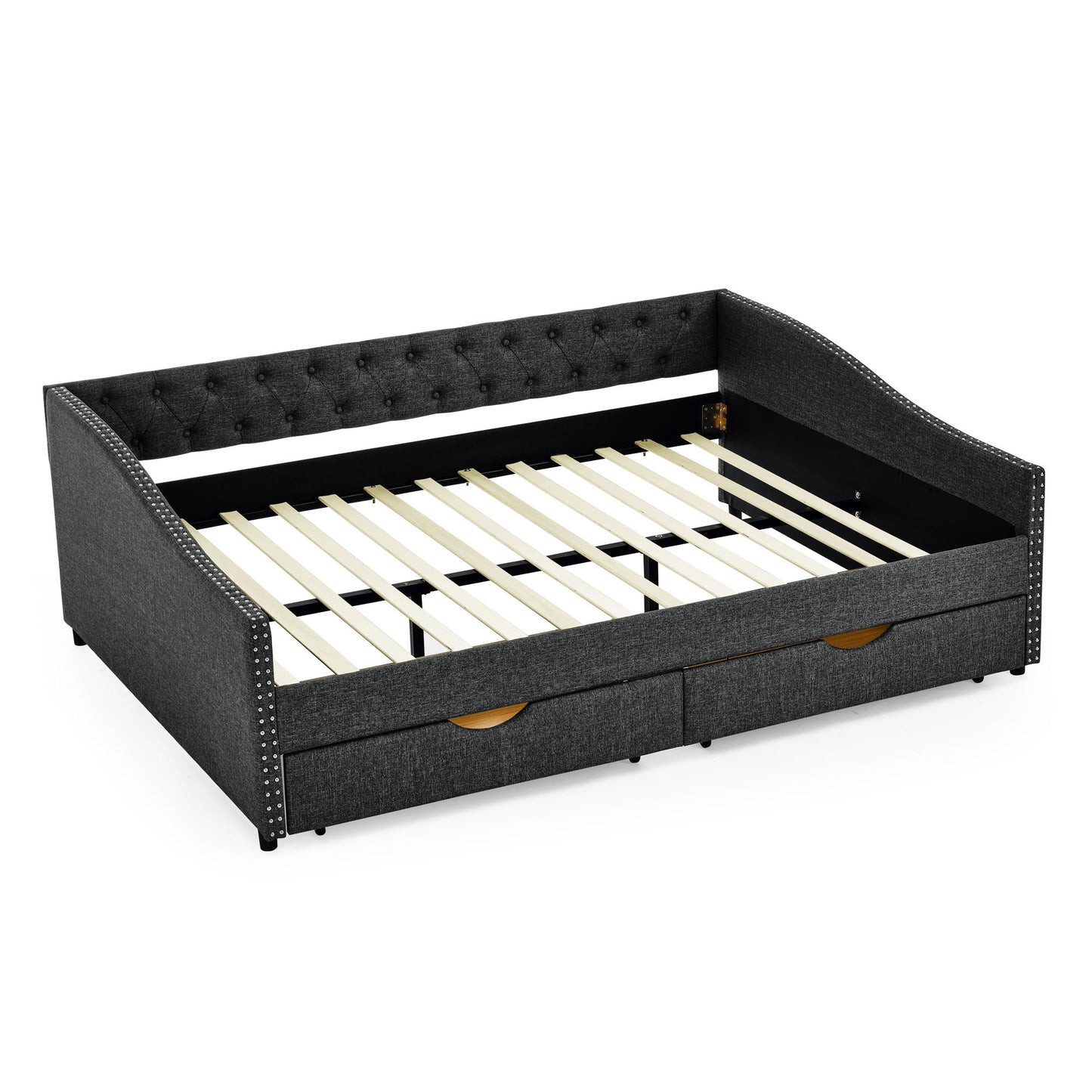Upholstered Tufted Daybed With 2 Drawers, Waved Arms