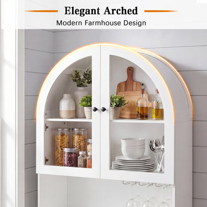 Tall Arched Pantry Cabinet With Charging Station, Adjustable Shelves, Coffee Bar