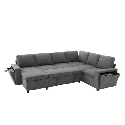 U - Shaped Convertible Sectional Sofa Bed With Storage, USB Charger & Cup Holders