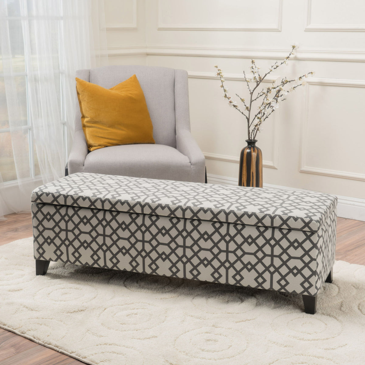 Quotient - Upholstered Storage Ottoman With Tapered Block Feet - Gray / White