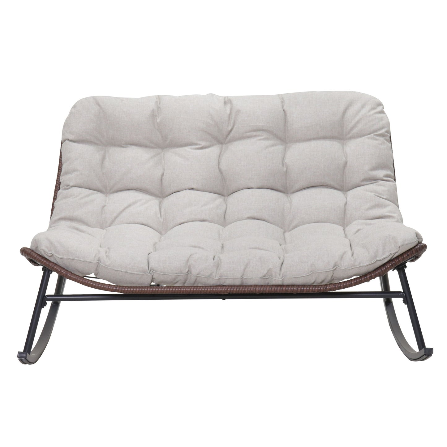Double Wide Rocking Papasan Chair, 2 Person Outdoor Lounge Seating - Acacia Wood / Beige